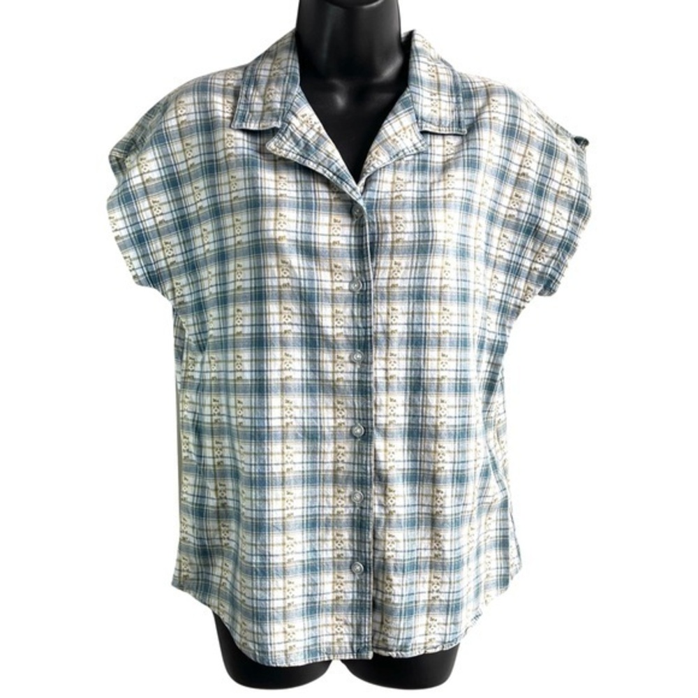 Riders SmM 100% Cotton Button up Split Cap Sleeve Circle Hem Blue Plaid Shirt